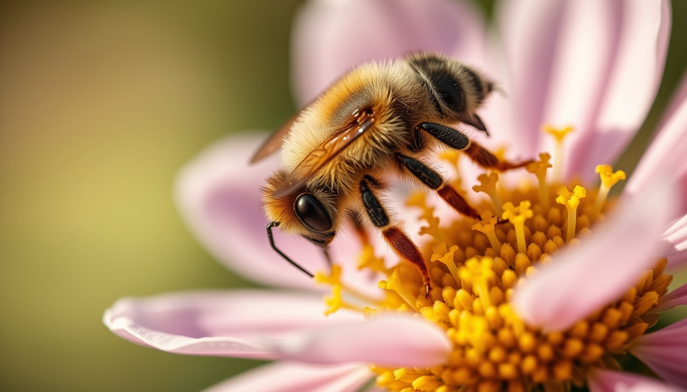 bee on flower pollen in editorial style