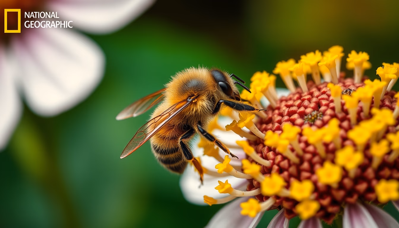 bee on flower pollen in editorial style