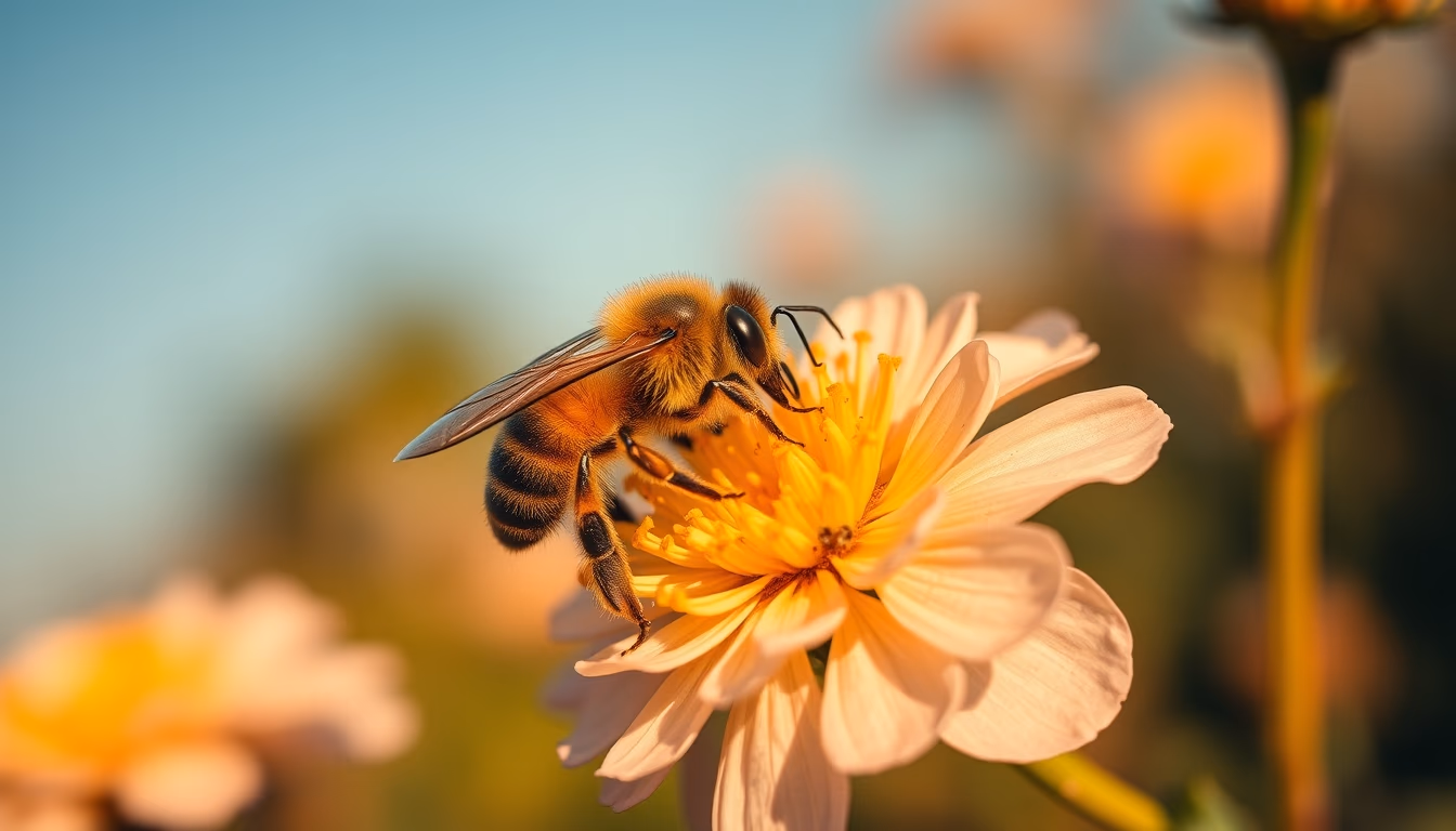bee on flower pollen in editorial style