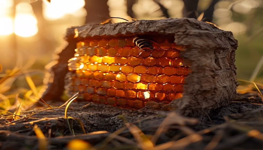 beehive frame full honey in editorial style