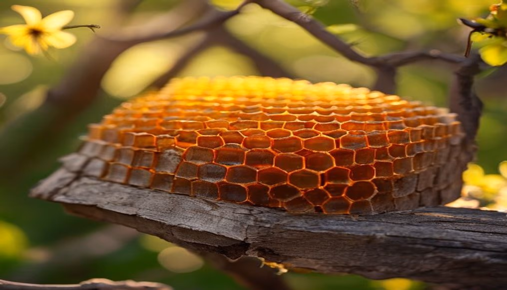 beehive frame full honey in editorial style