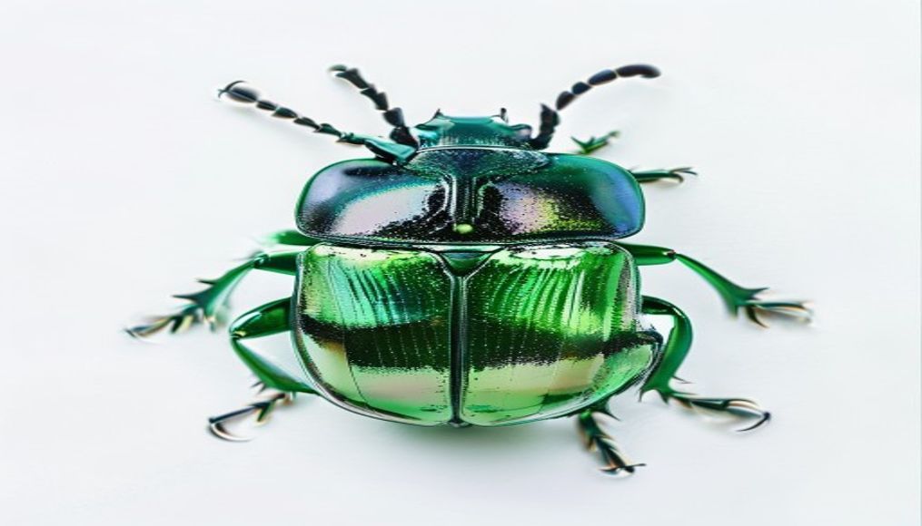 beetle iridescent green in editorial style