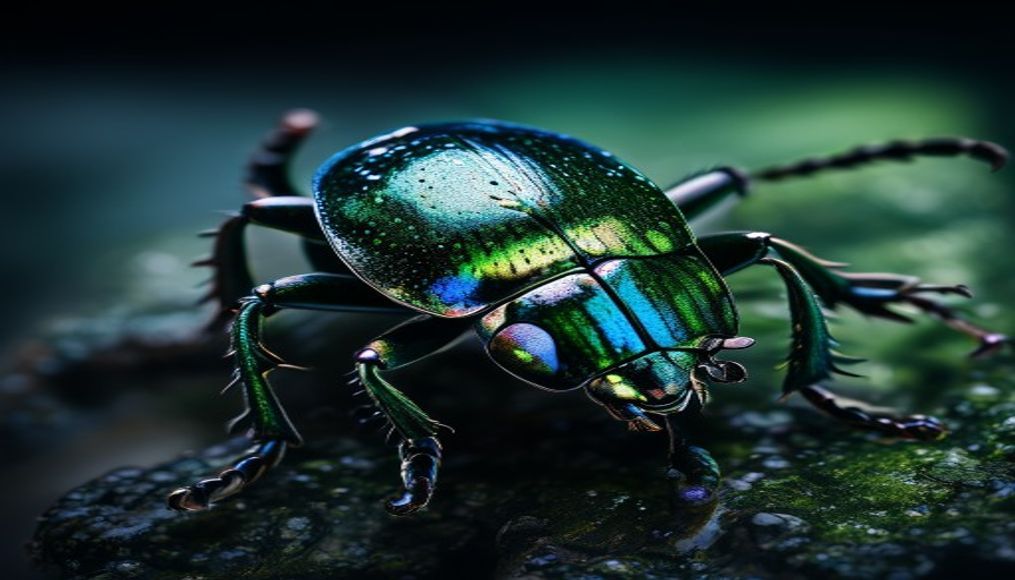 beetle iridescent green in editorial style