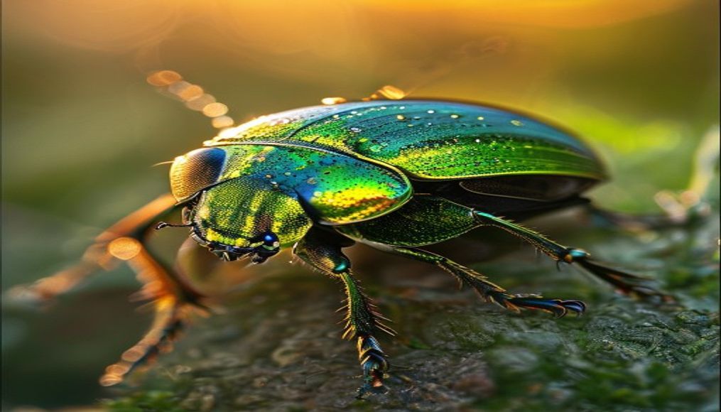 beetle iridescent green in editorial style
