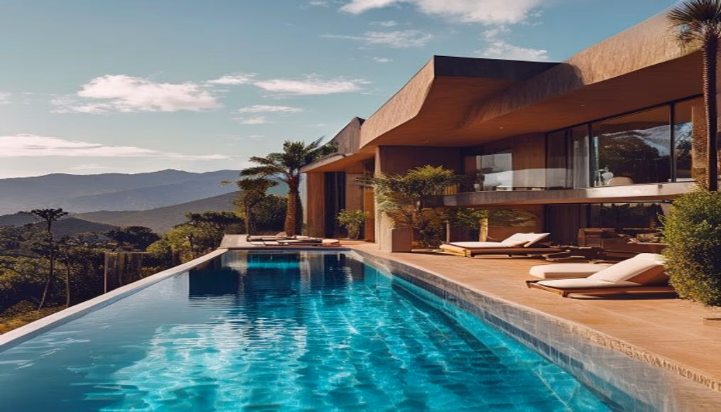 beverly hills mansion infinity pool in luxury editorial photography
