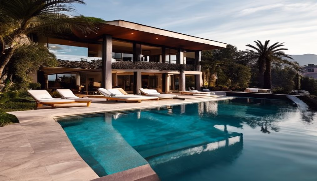 Beverly hills mansion infinity pool em fotografia editorial de luxo