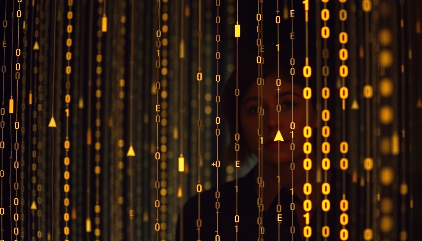 binary code falling matrix in editorial style