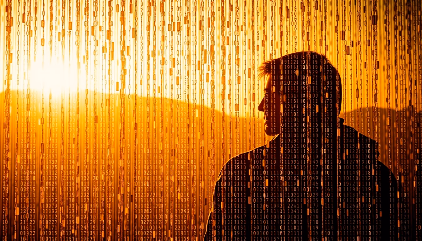 binary code falling matrix in editorial style