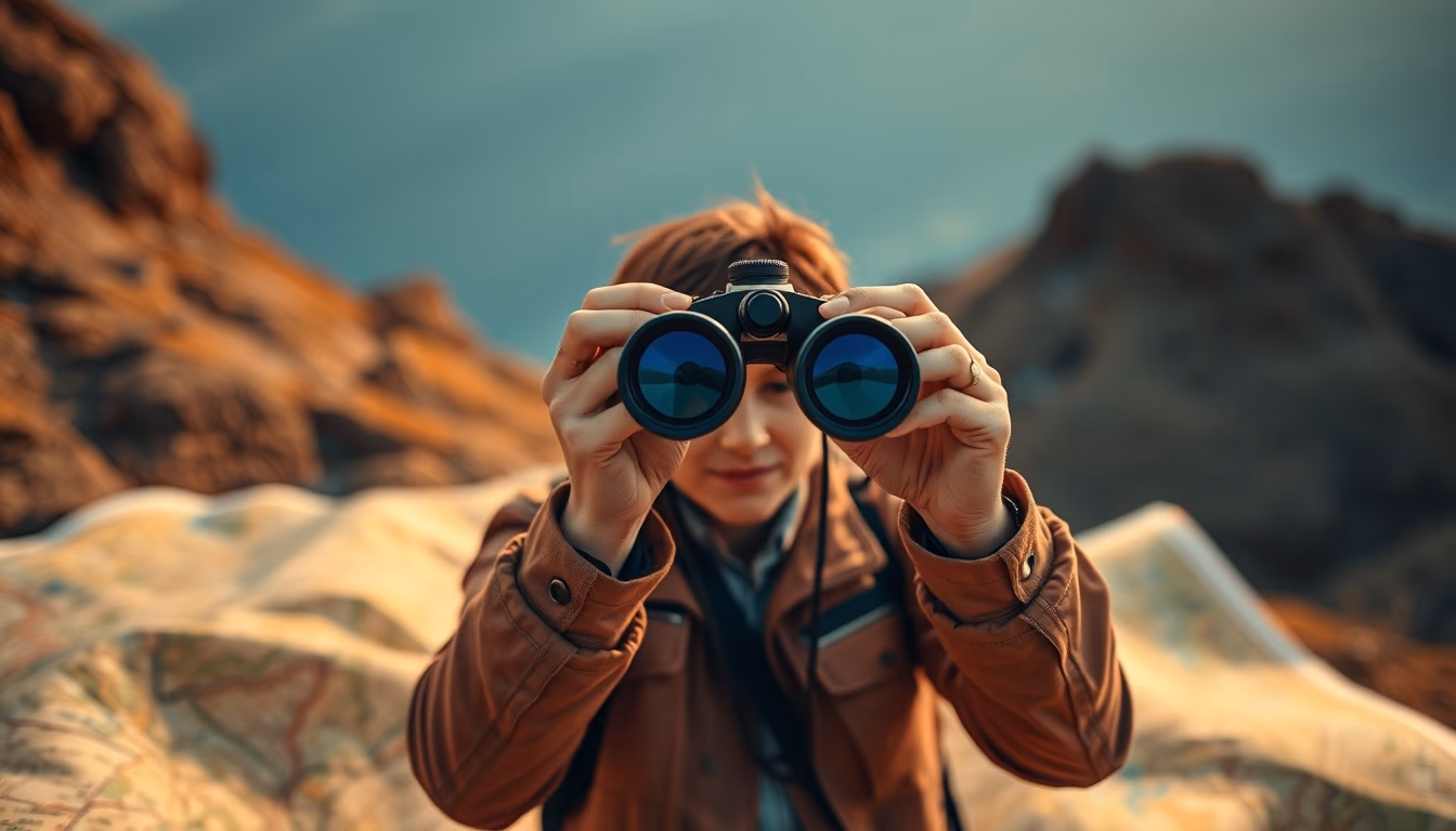 Binoculars on map adventure em estilo editorial