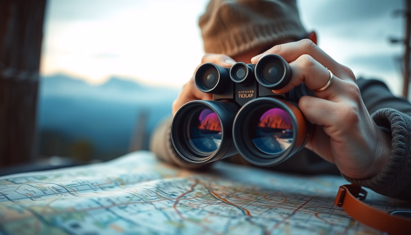 Binoculars on map adventure em estilo editorial