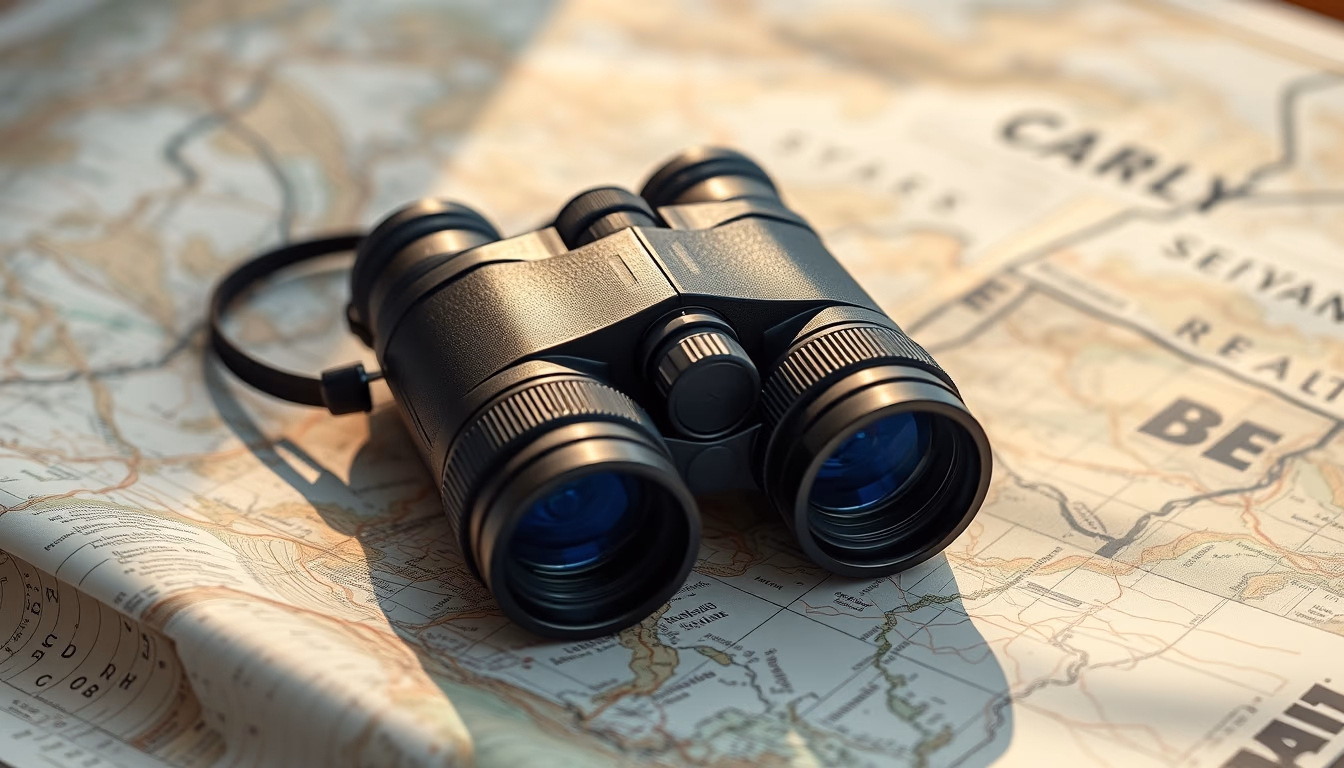 binoculars on map adventure in editorial style
