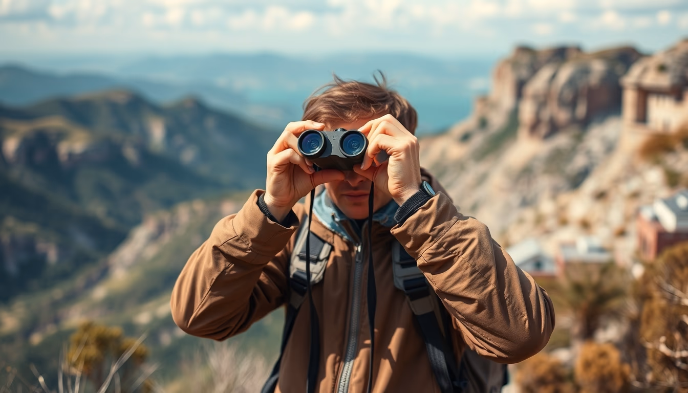 binoculars on map adventure in editorial style