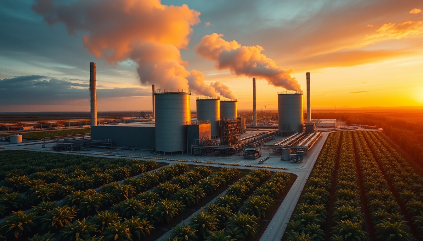 biomass plant facility in editorial style