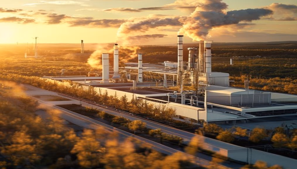 biomass plant facility in editorial style