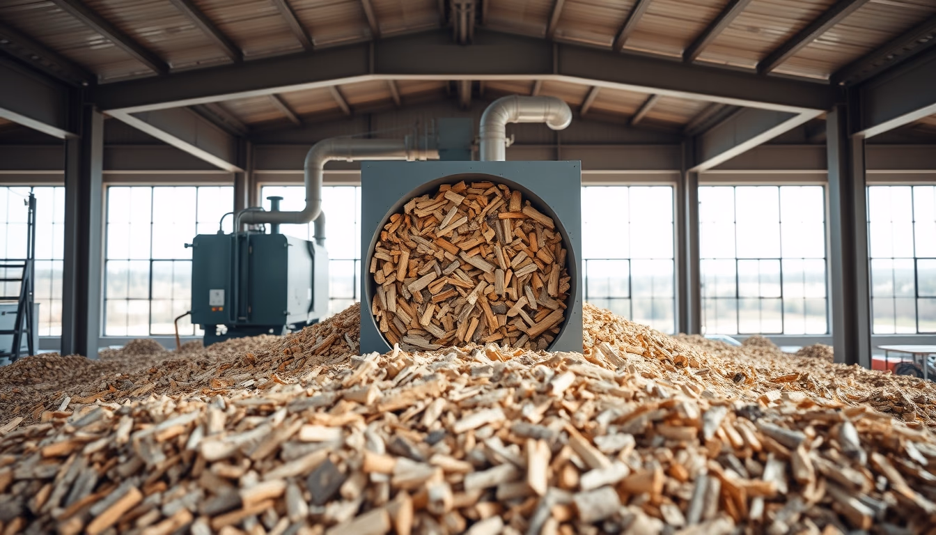 biomass plant wood chips in editorial style