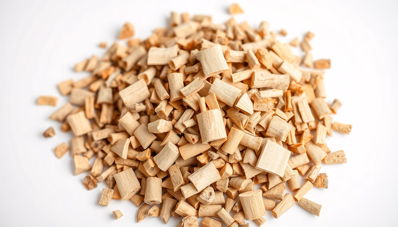 biomass plant wood chips in editorial style
