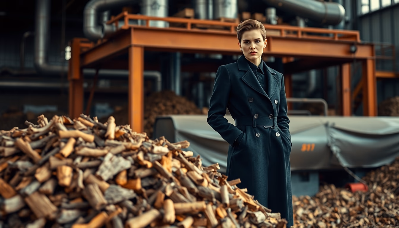 biomass plant wood chips in editorial style