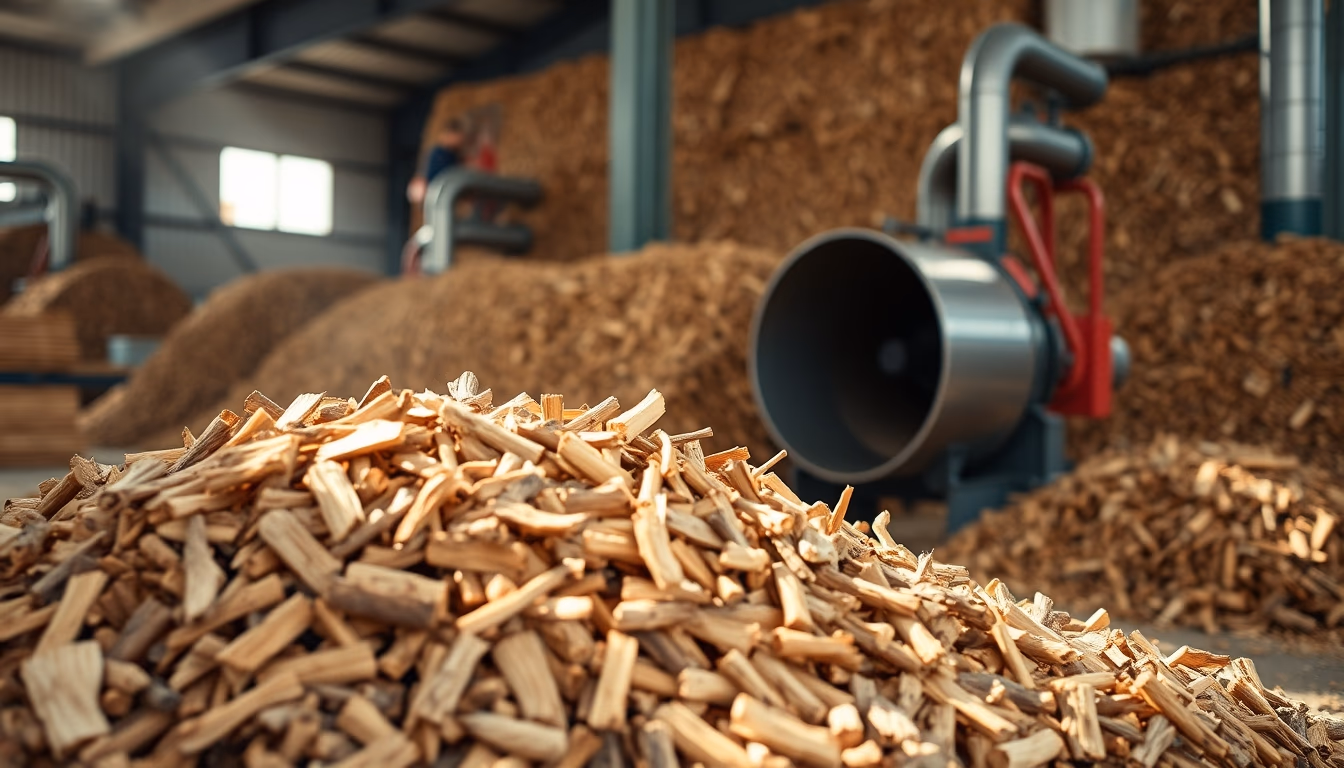 biomass plant wood chips in editorial style