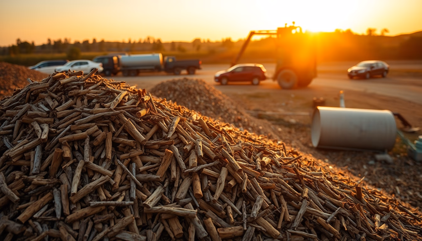 biomass plant wood chips in editorial style