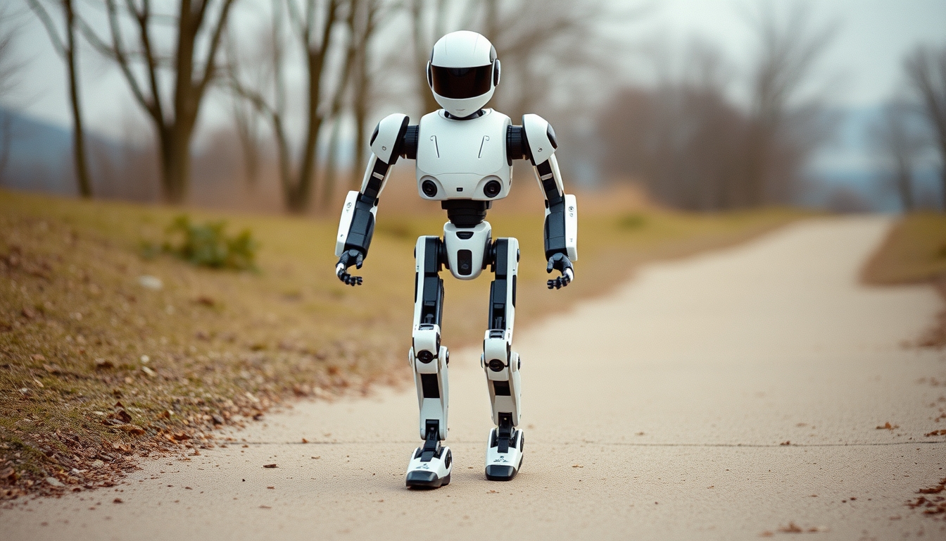 bipedal robot walking in editorial style