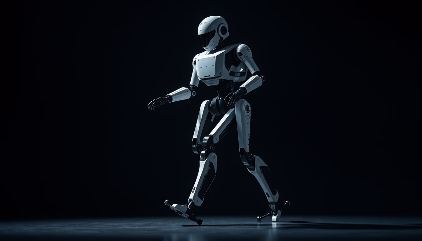 bipedal robot walking in editorial style