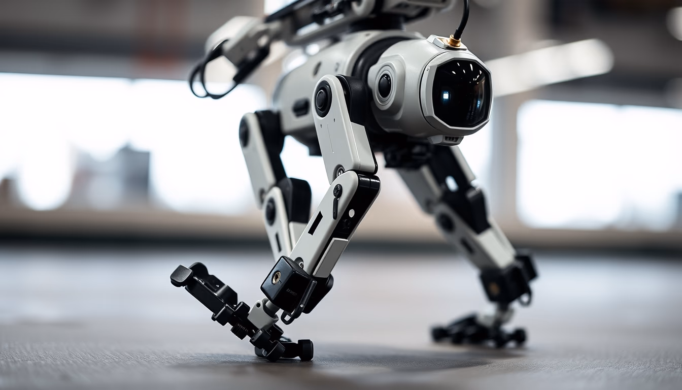 bipedal robot walking in editorial style