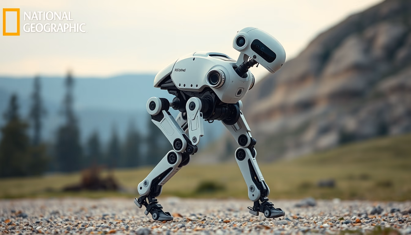 bipedal robot walking in editorial style