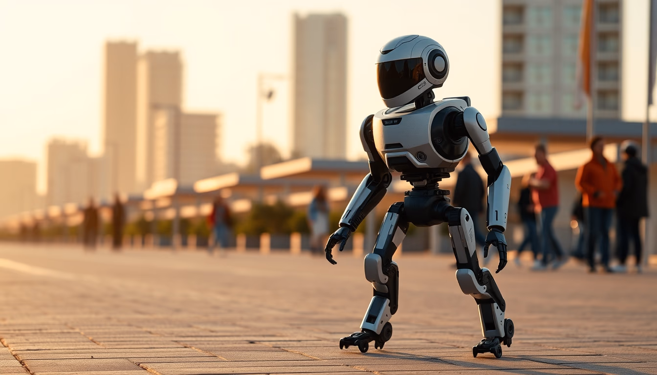 bipedal robot walking in editorial style