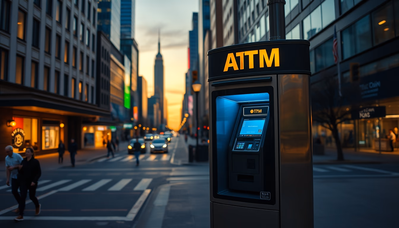 bitcoin atm machine on city street at night in editorial style