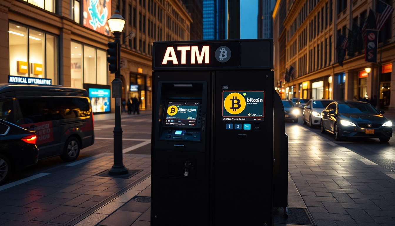 Caixa eletrônico de bitcoin na rua à noite em estilo editorial