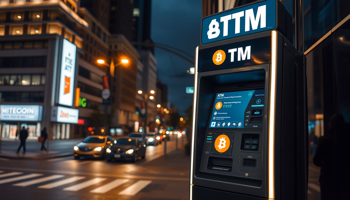 bitcoin atm machine on city street at night in editorial style