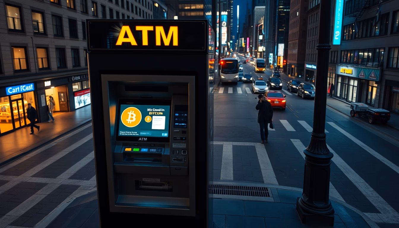 bitcoin atm machine on city street at night in editorial style