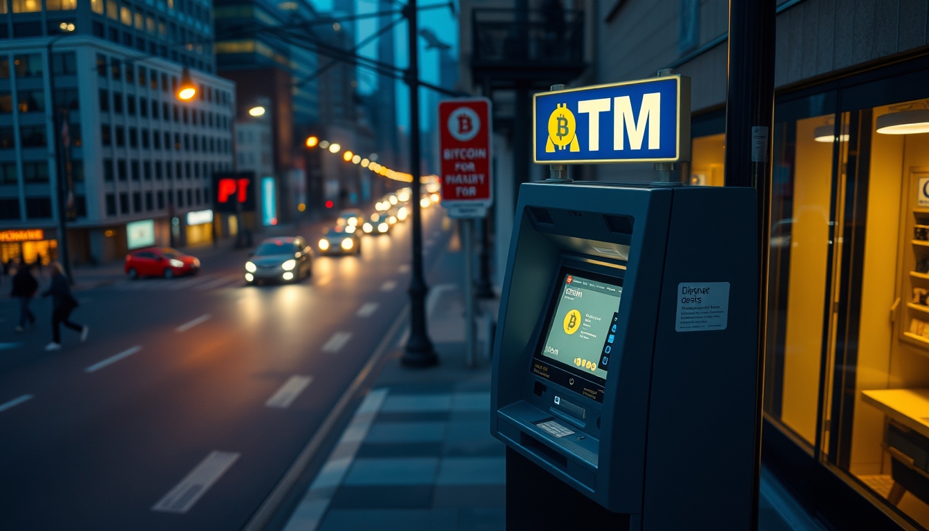 Caixa eletrônico de bitcoin na rua à noite em estilo editorial
