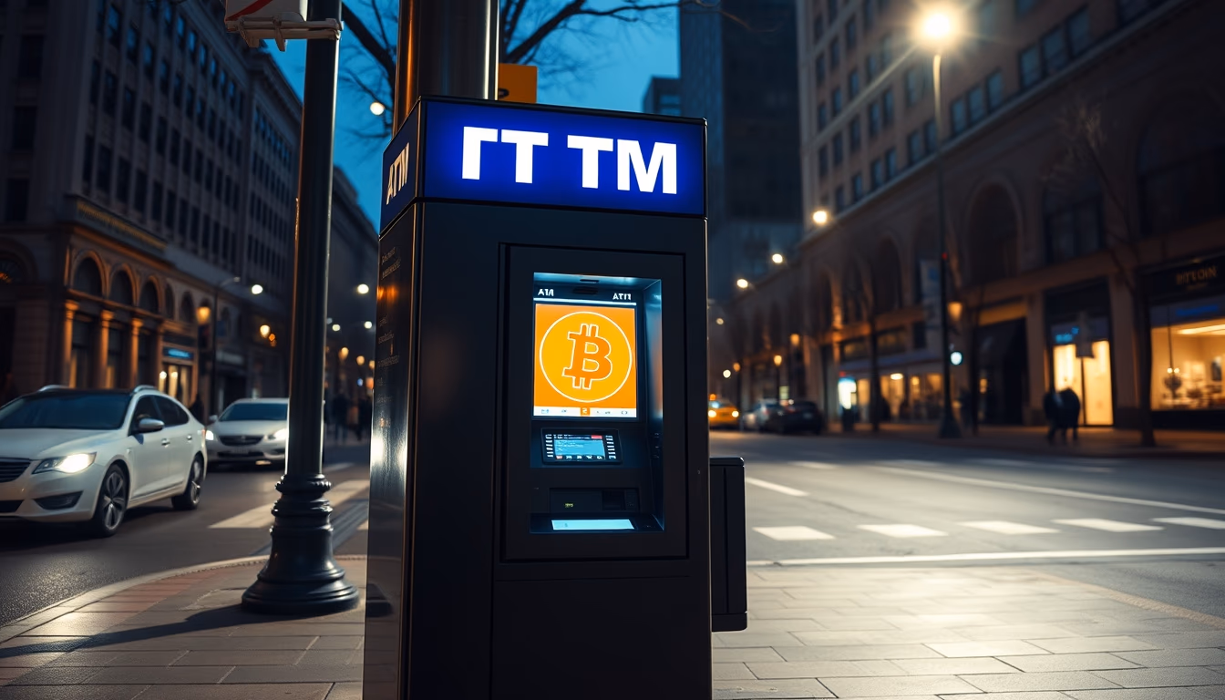 bitcoin atm machine on city street at night in editorial style