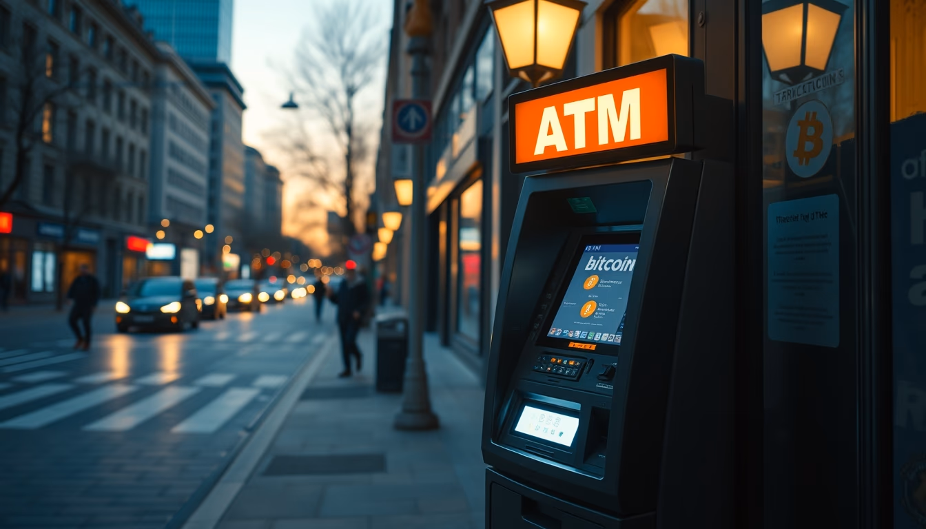 bitcoin atm machine on city street at night in editorial style