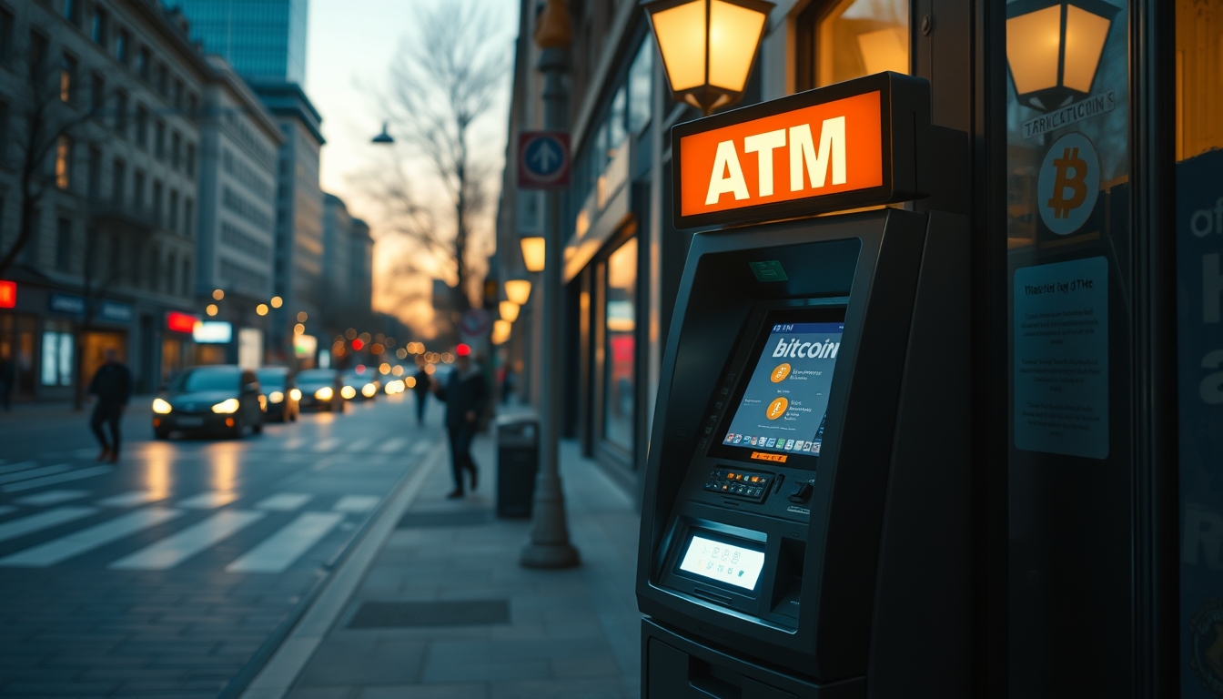 Caixa eletrônico de bitcoin na rua à noite em estilo editorial
