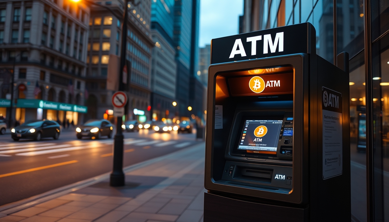 Caixa eletrônico de bitcoin na rua à noite em estilo editorial