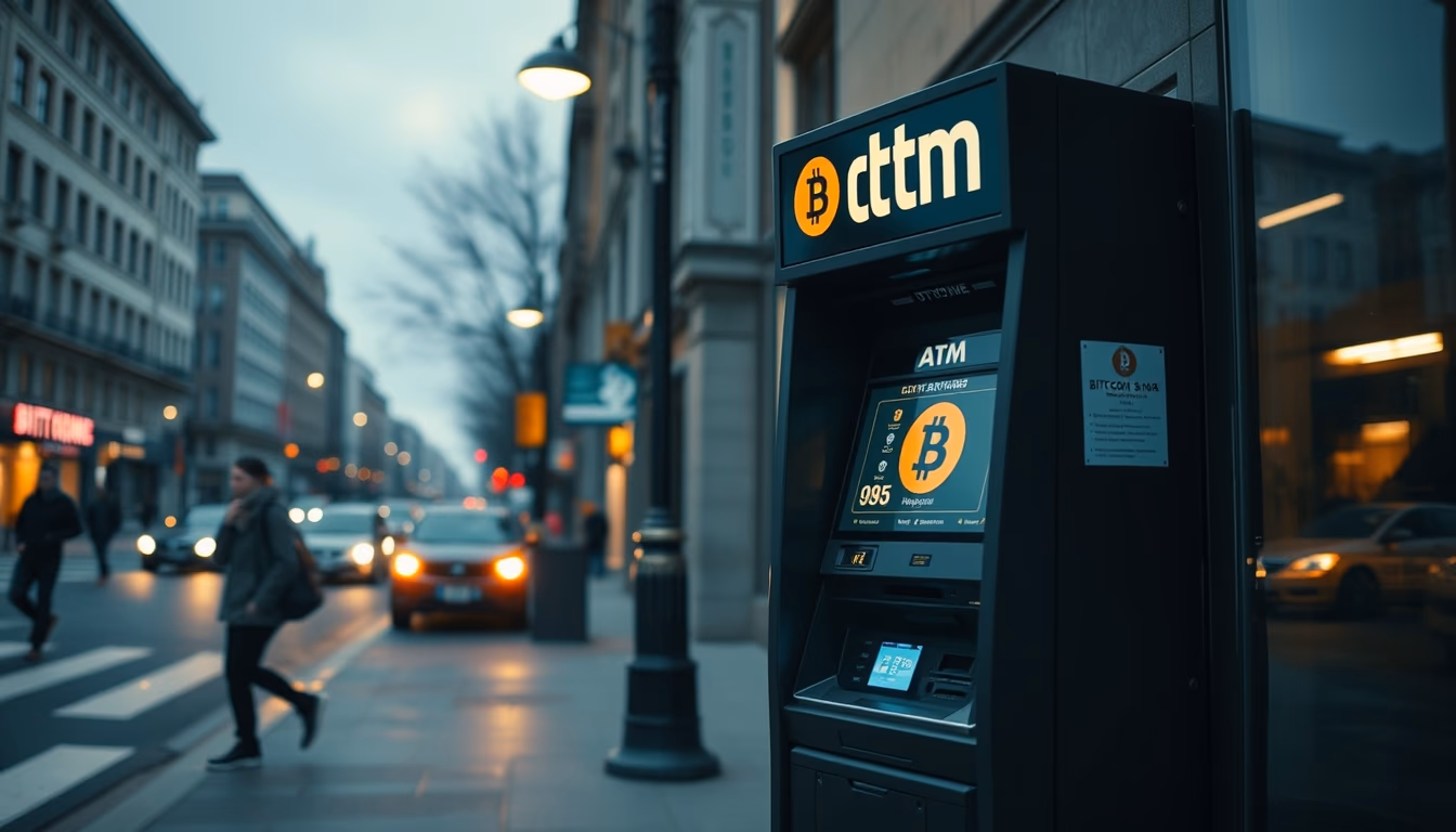bitcoin atm machine on city street at night in editorial style