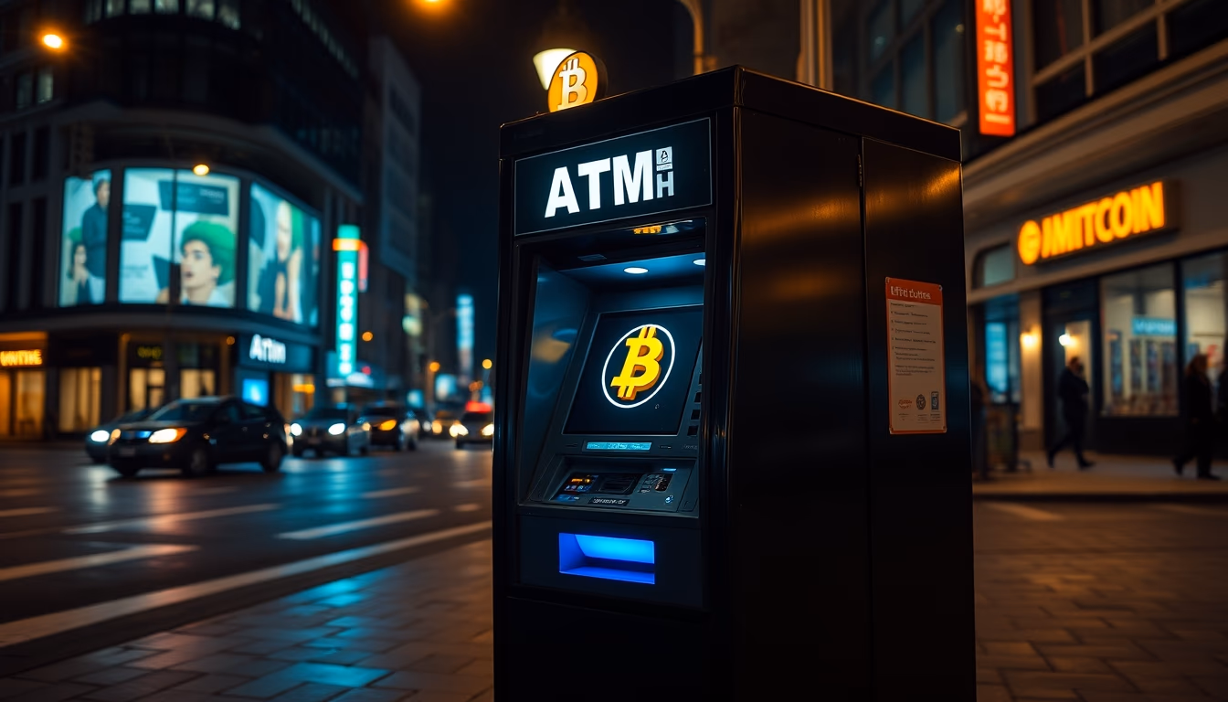 bitcoin atm machine on city street at night in editorial style