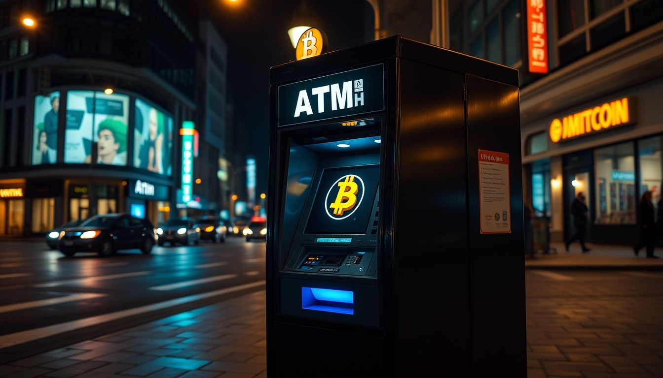 Caixa eletrônico de bitcoin na rua à noite em estilo editorial