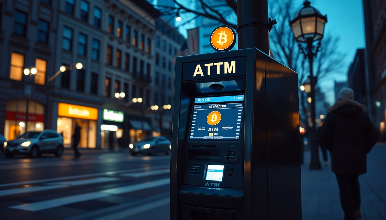 bitcoin atm machine on city street at night in editorial style
