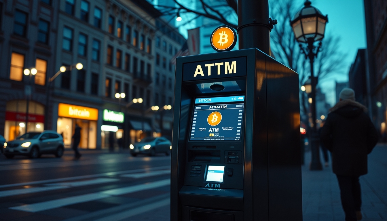 Caixa eletrônico de bitcoin na rua à noite em estilo editorial