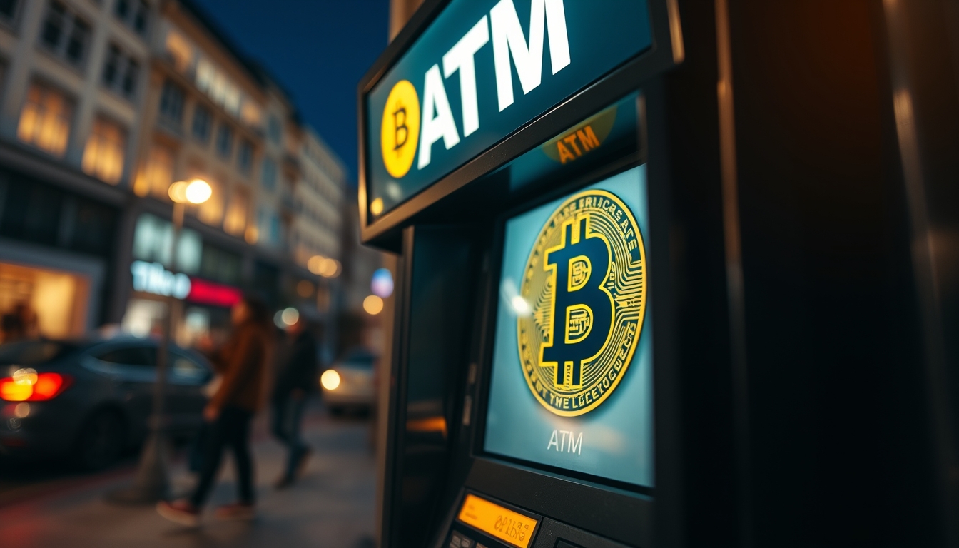 Caixa eletrônico de bitcoin na rua à noite em estilo editorial