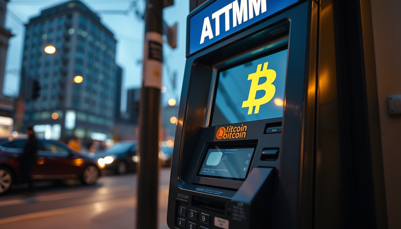 Caixa eletrônico de bitcoin na rua à noite em estilo editorial