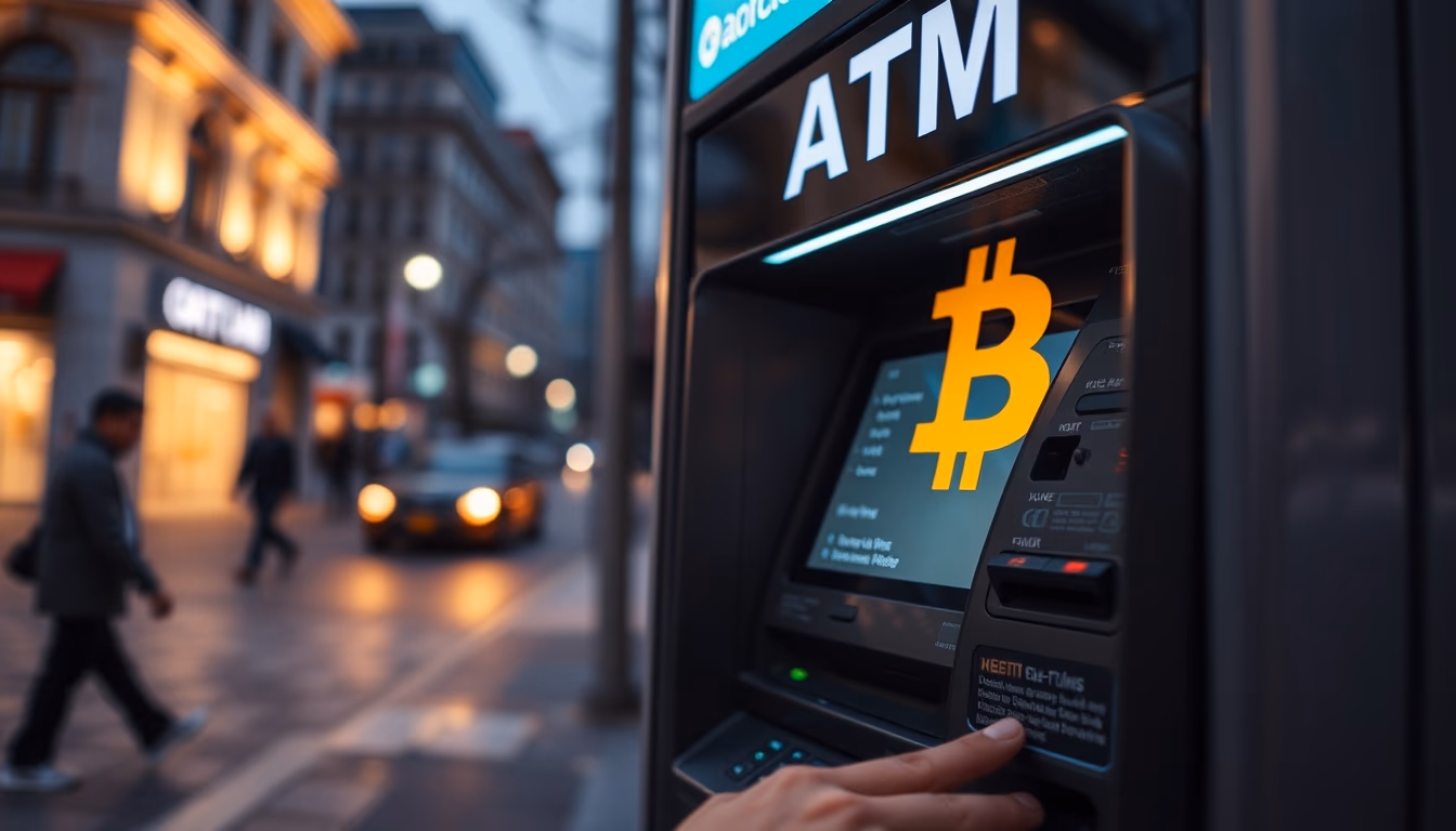 Caixa eletrônico de bitcoin na rua à noite em estilo editorial