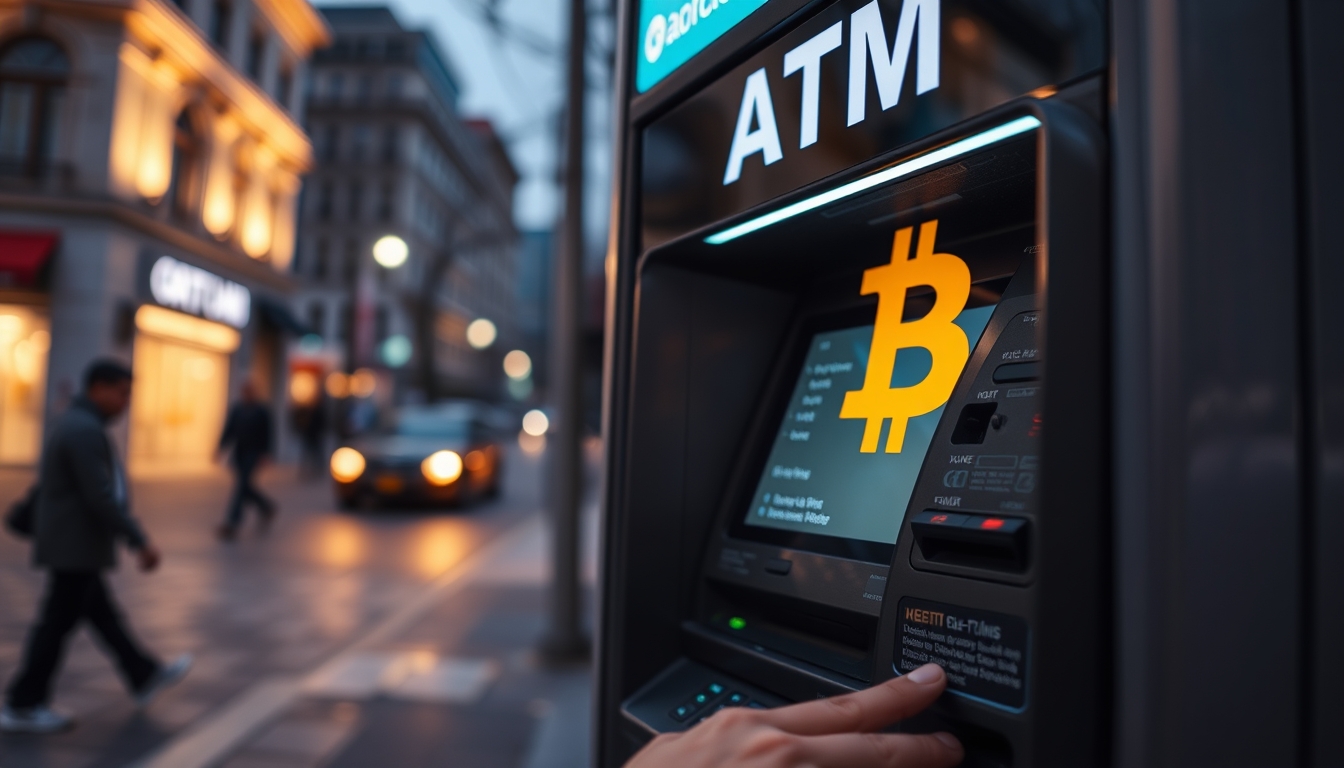 Caixa eletrônico de bitcoin na rua à noite em estilo editorial