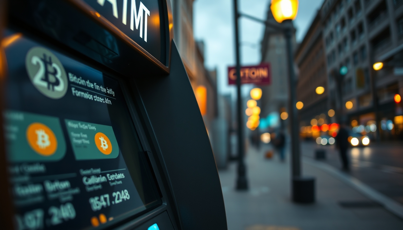 Caixa eletrônico de bitcoin na rua à noite em estilo editorial