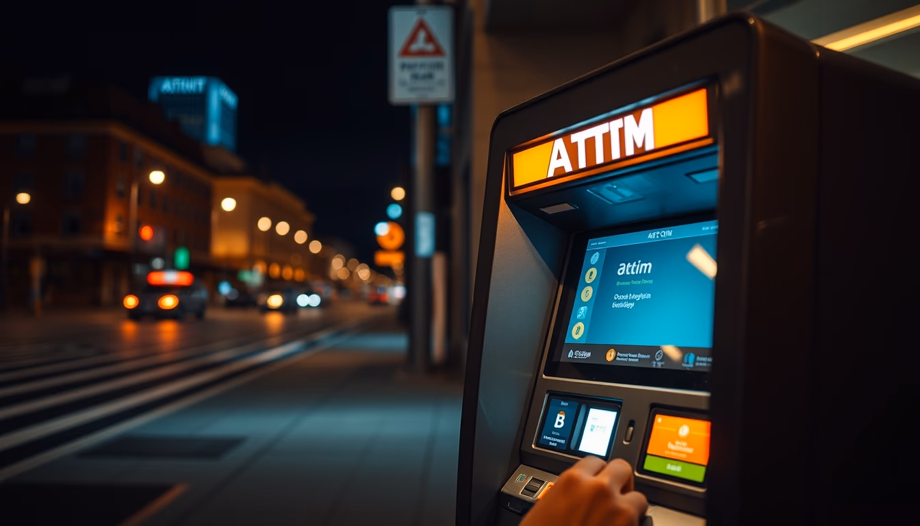 Caixa eletrônico de bitcoin na rua à noite em estilo editorial