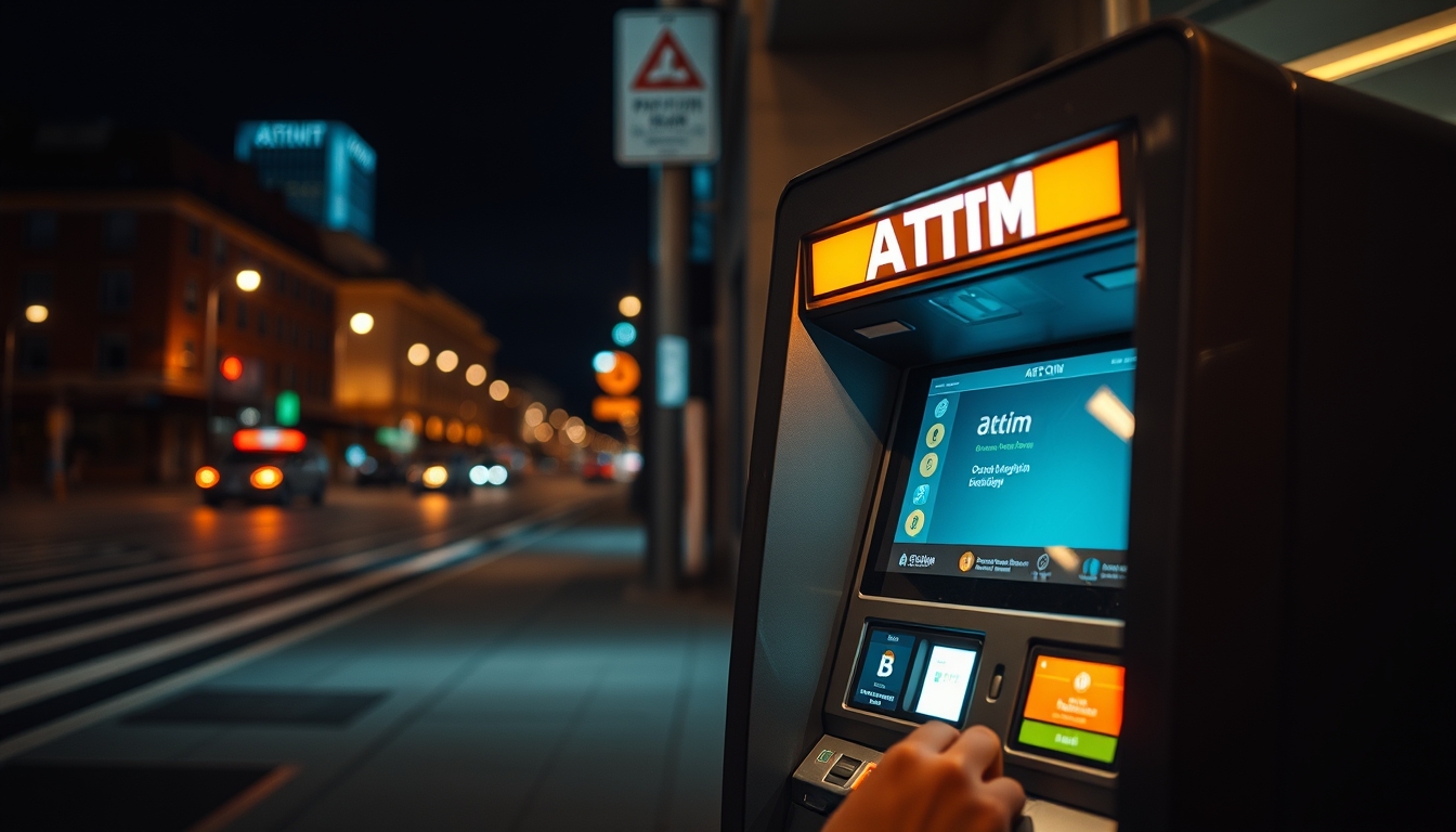 Caixa eletrônico de bitcoin na rua à noite em estilo editorial