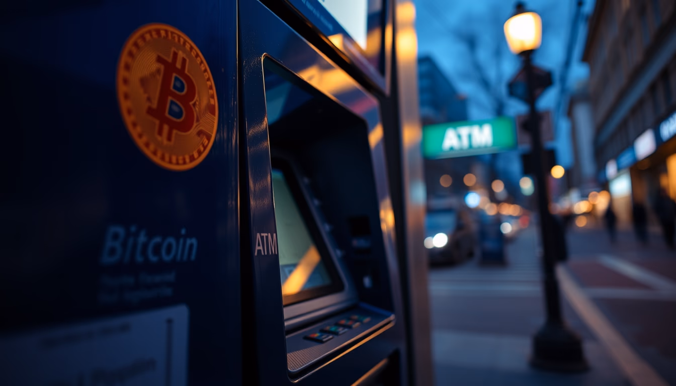 Caixa eletrônico de bitcoin na rua à noite em estilo editorial